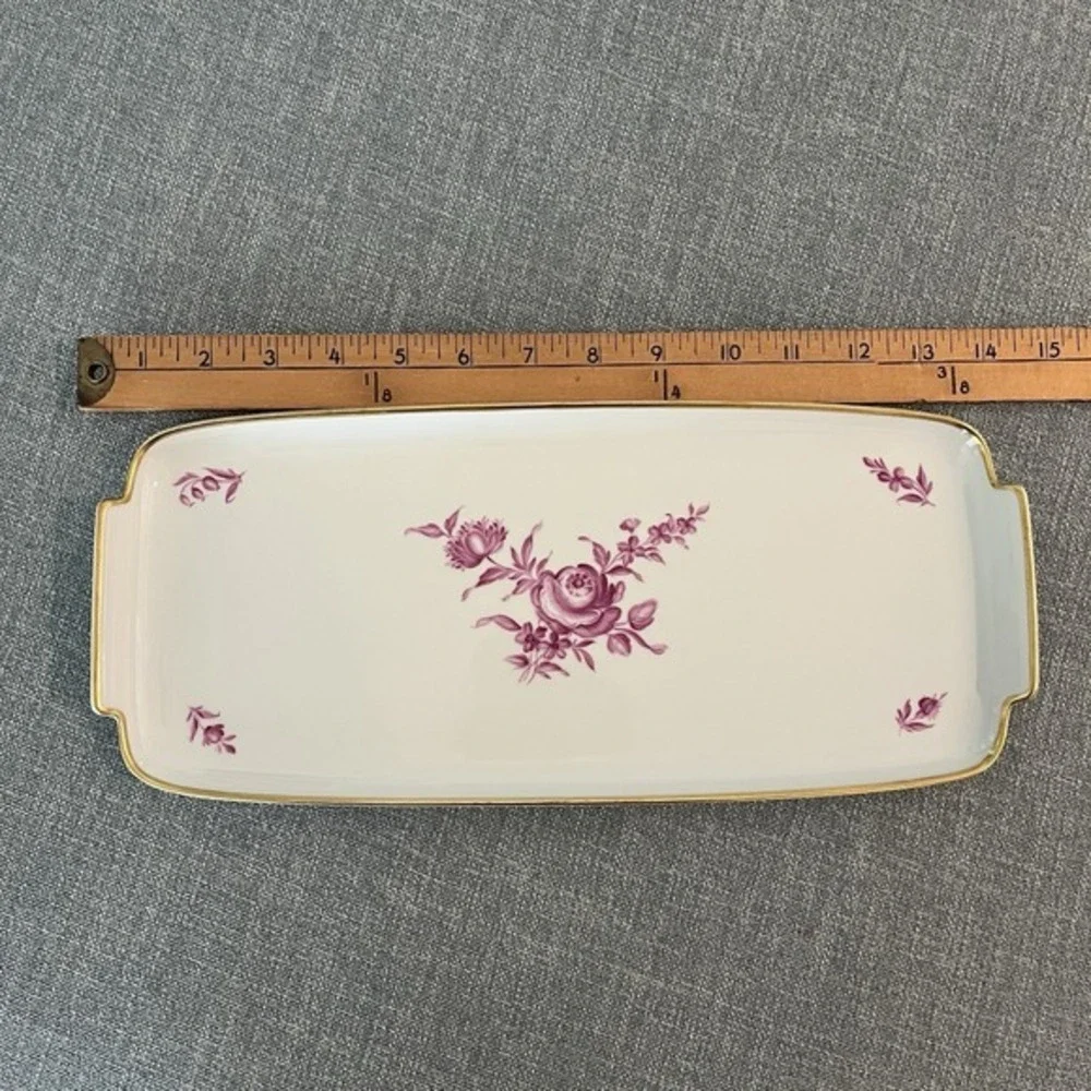 Augarten Wien Biedermeier Purple Floral Porcelain Serving Tray‎ Gold Trim 14.5